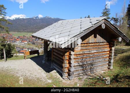 Rest area, refuge and viewpoint after ascent through the Hüttlebachklamm in Krün, Karwendel Mountains, Werdenfelser Land, Upper Bavaria, Bavaria, Germany, Isar Valley, Alpenwelt Karwendel Stock Photo