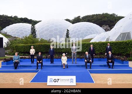 Queen Elizabeth II poses with G7 leaders (back row L to R) President of the European Commission Ursula von der Leyen, Japanese Prime Minister Yoshihide Suga, Canadian Prime Minister Justin Trudeau, Italian Prime Minister Mario Draghi, President of the European Council Charles Michel, (front row left to right) German Chancellor Angela Merkel, French President Emmanuel Macron, British Prime Minister Boris Johnson and U.S. President Joe Biden, before a reception at the Eden Project on June 11, 2021, during the G7 summit in Cornwall, United Kingdom. Photo by Karwai Tang/G7 Cornwall 2021/UPI Stock Photo