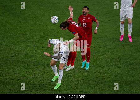 ROME, ITALY - JUNE 11: Federico Bernadeschi of Italy, Cengiz Umut Meras of Turkey, Caglar Soyuncu of Turkey during the UEFA Euro 2020 Group A match between Turkey and Italy at Stadio Olympico on June 11, 2021 in Rome, Italy (Photo by /Orange Pictures) Credit: Orange Pics BV/Alamy Live News Stock Photo