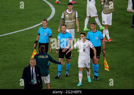 ROME, ITALY - JUNE 11: Federico Chiesa of Italy, Alessandro Bastoni of Italy, referee Danny Makkelie, assistant referee Hessel Heegstra, assistant referee Jan de Vries during the UEFA Euro 2020 Group A match between Turkey and Italy at Stadio Olympico on June 11, 2021 in Rome, Italy (Photo by /Orange Pictures) Credit: Orange Pics BV/Alamy Live News Stock Photo