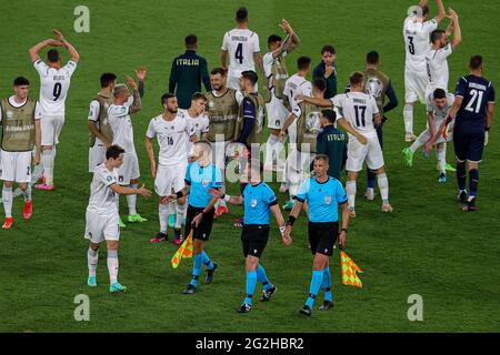 ROME, ITALY - JUNE 11: Federico Chiesa of Italy, Federico Bernadeschi of Italy, Leonardo Bonucci of Italy, Francesco Acerbi of Italy, referee Danny Makkelie, assistant referee Hessel Heegstra, assistant referee Jan de Vries during the UEFA Euro 2020 Group A match between Turkey and Italy at Stadio Olympico on June 11, 2021 in Rome, Italy (Photo by /Orange Pictures) Credit: Orange Pics BV/Alamy Live News Stock Photo