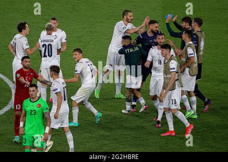 ROME, ITALY - JUNE 11: Federico Bernadeschi of Italy, Nicolo Barella of Italy, Alessandro Bastoni of Italy, Cengiz Umut Meras of Turkey, goalkeeper Ugurcan Cakir of Turkey after the match during the UEFA Euro 2020 Group A match between Turkey and Italy at Stadio Olympico on June 11, 2021 in Rome, Italy (Photo by /Orange Pictures) Credit: Orange Pics BV/Alamy Live News Stock Photo