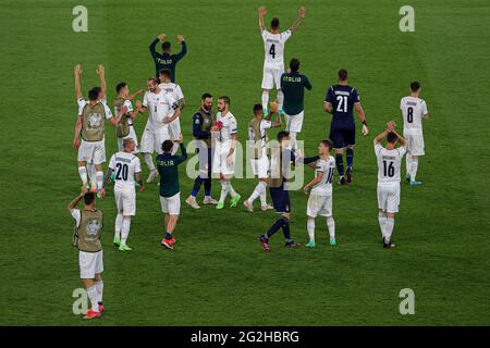 ROME, ITALY - JUNE 11: Federico Bernadeschi of Italy, Leonardo Bonucci of Italy, Nicolo Barella of Italy, goalkeeper Gianluigi Donnarumma of Italy, Leonardo Spinazzola of Italy, Bryan Cristante of Italy, Jorginho of Italy during the UEFA Euro 2020 Group A match between Turkey and Italy at Stadio Olympico on June 11, 2021 in Rome, Italy (Photo by /Orange Pictures) Credit: Orange Pics BV/Alamy Live News Stock Photo