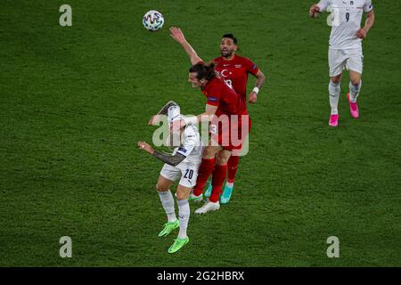 ROME, ITALY - JUNE 11: Federico Bernadeschi of Italy, Cengiz Umut Meras of Turkey, Caglar Soyuncu of Turkey during the UEFA Euro 2020 Group A match between Turkey and Italy at Stadio Olympico on June 11, 2021 in Rome, Italy (Photo by /Orange Pictures) Credit: Orange Pics BV/Alamy Live News Stock Photo