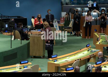 (210611) -- UNITED NATIONS, June 11, 2021 (Xinhua) -- A delegate (C) casts her ballot for the election of five non-permanent members of the UN Security Council at the UN headquarters in New York, on June 11, 2021. Albania, Brazil, Gabon, Ghana, and the United Arab Emirates (UAE) were elected non-permanent members of the UN Security Council on Friday for a two-year term. The newly elected members will take up their new responsibilities on Jan. 1, 2022, and will serve till Dec. 31, 2023. (Evan Schneider/UN Photo/Handout via Xinhua) Stock Photo