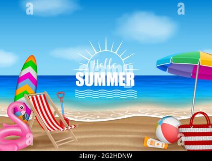 Hello summer background with beach elements on sea background Stock Vector