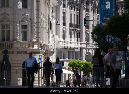 Bucharest, Romania - June 08, 2021: People are walking on Calea Victoriei. Several streets in the center of Bucharest are closed to car traffic and op Stock Photo