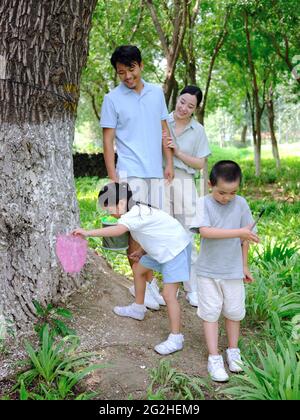 A happy family of four catching insects outdoors high quality photo Stock Photo