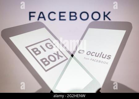 Asuncion Paraguay 11th June 21 Illustration Photo In Camera Multiple Exposure Image Shows Logos Of Bigbox Vr And Oculus On Smartphone Backdropped By The Logo Of Facebook Company On Screen Facebook Has