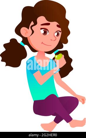 cute girl sitting on park meadow and eating apple fruit cartoon vector Stock Vector