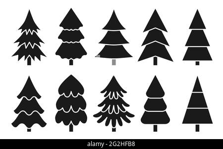 Tree various christmas black silhouette glyph set on the white background. Minimalistic simple thin white line icons. Shape with corners, soft lines and rounded. For gift paper, decoration element Stock Vector