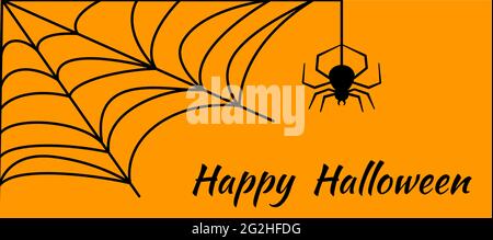 Happy Halloween greeting card. Angular shape cobweb. Orange white background with cobwebs and a hanging spider. Decorating the room for the holiday, design object, banner, poster. Vector flat style Stock Vector