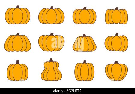 Pumpkins set in various shapes, brown outlined, colored orange vegetable. Halloween collection. Thanksgiving holiday celebration. Textiles, banners, posters, wallpapers, wrapping. Stickers and labels Stock Vector