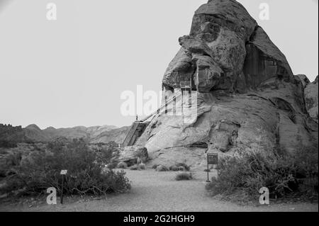 Staircase on a big rock leading to Indian paintings in Valley of Fire State Park, Nevada, USA Stock Photo