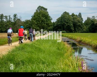 Cyclists, cycle path on a canal, Innerer Spreewald, Biosphere Reserve, Brandenburg, Germany Stock Photo