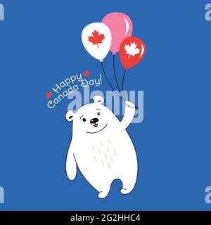 Happy Canada Day card cartoon polar bear flying air balloon. Greeting postal postcard. National celebration Canadian flag, hand drawn patriot cute bear. Funny character. Isolated vector illustration Stock Vector