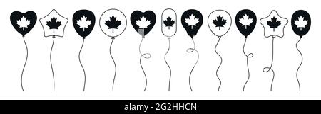 Balloon Canada day flag cartoon set. Black and white helium air balloons isolated, 1th July celebration patriotic icon. Canadian national party with symbol maple leaf. Isolated vector illustration Stock Vector