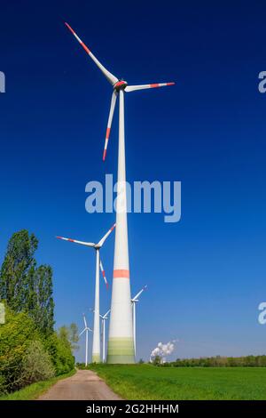 Wind turbines at the Schleenhain opencast mine Stock Photo