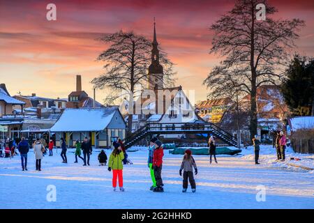 Ice skaters in the Spreewald Stock Photo