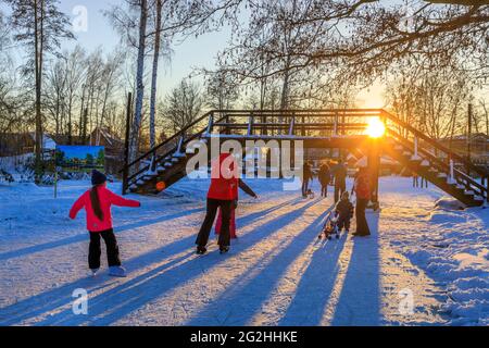 Ice skaters in the Spreewald Stock Photo