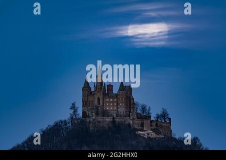 Moon, moonrise, Hohenzollern Castle, Swabian Alb, Baden-Wuerttemberg, Germany, Europe Stock Photo