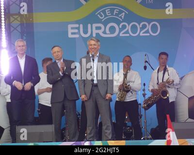 Sao Petersburgo, Russia. 11th June, 2021. (SPO) Governor of St. Petersburg Russia Helps Kick-Off UEFA 2021 Championships. June 11, 2021, Konyushennaya Square, St. Petersburg, Russian Federation: .Governor Alexander Beglov addresses a large crowd of CoVid-weary Russian sports fans, who gathered in St. Petersburg's Konyushennaya Square to watch the opening festivities of the long awaited European UEFA 2021Championships, which had been delayed for a year. Credit: Julia Mineeva/TheNews2 Credit: Julia Mineeva/TheNEWS2/ZUMA Wire/Alamy Live News Stock Photo