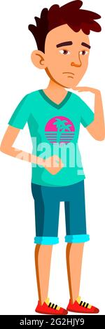 sad asian boy staying in line to doctor cartoon vector Stock Vector