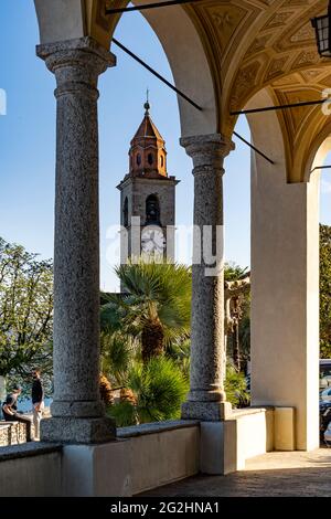 The romantic church of Ronco di Ascona stands high above Lake Maggiore. Stock Photo