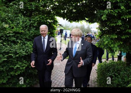 Newquay, UK. 11th June, 2021. U.S. President Joe Biden speaks with British Prime Minister Boris Johnson during a reception and dinner hosted by the Eden Project on June 11, 2021, in Cornwall, United Kingdom. Prime Minister Johnson chairs the G7 Summit taking place in Carbis Bay, Cornwall. Photo by Andrew Parsons/No 10 Downing Street/UPI Credit: UPI/Alamy Live News Stock Photo