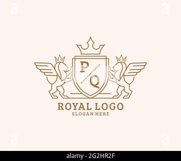 PQ Letter Lion Royal Luxury Heraldic,Crest Logo template in vector art for Restaurant, Royalty, Boutique, Cafe, Hotel, Heraldic, Jewelry, Fashion and Stock Vector
