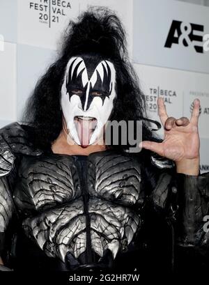 June 11, 2021, New York, New York, USA: GENE SIMMONS from the band KISS attends the premiere of 'Biography: KISStory' held ding the 2021 TriBeCa Festival at Battery Park. (Credit Image: © Nancy Kaszerman/ZUMA Wire) Stock Photo