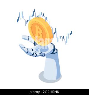 Flat 3d Isometric Ai Robot Hand Holding Bitcoin with Financial Chart. Cryptocurrency and Blockchain Technology Concept. Stock Vector