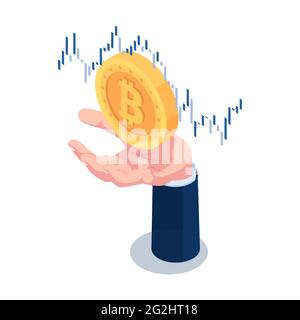 Flat 3d Isometric Businessman Hand Holding Bitcoin with Financial Chart. Cryptocurrency and Blockchain Technology Concept. Stock Vector