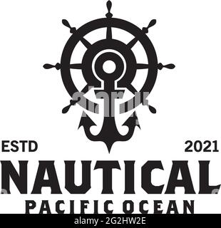 Nautical logo design with ship steering and anchor icon vector template Stock Vector