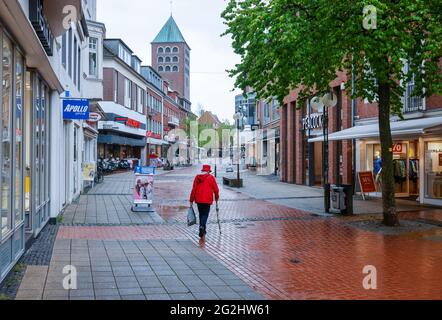 Coesfeld, North Rhine-Westphalia, Germany - pedestrian zone in times of the corona pandemic, the Coesfeld district starts as a model region in NRW with easing, shopping is possible again without prior appointment.