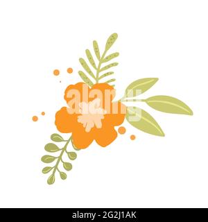 Floral set based on traditional folk art ornaments. Isolated orange and green flowers. Scandinavian style. Sweden nordic style. Vector illustration Stock Vector