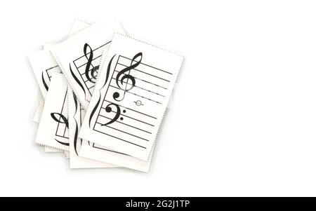 Isolated set of music note flashcards, flashcards for beginners to study music notes on white background. Stock Photo