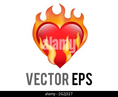 The isolated vector classic love red glossy heart on fire icon, used for desire, lust, sense of burning a past love and moving on Stock Vector