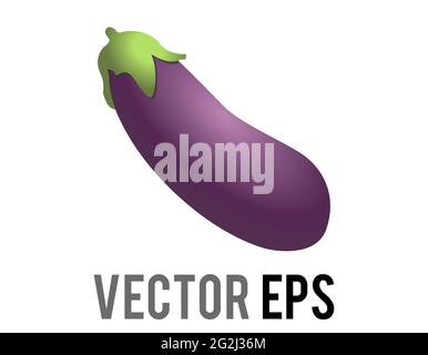 The isolated vector long, bulbous, bright gradient purple eggplant or aubergine icon with leafy stem. Stock Vector