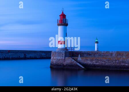 Lighthouses in the harbor of Port Tudy, Île de Groix, France, Brittany, Morbihan department Stock Photo