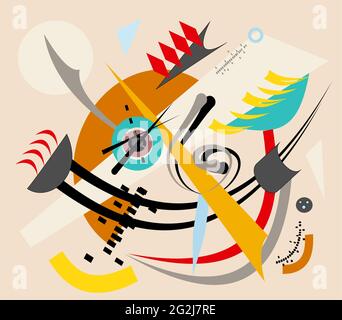 Abstract  beige  background ,fancy  geometric and curved colorful shapes , expressionism art style Stock Vector