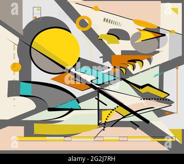 Abstract  beige  background ,fancy  geometric and curved colorful shapes , expressionism art style Stock Vector