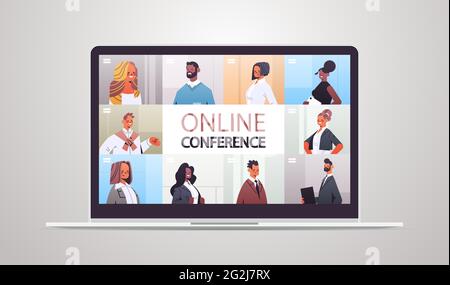businesspeople in web browser windows discussing during corporate online conference Stock Vector