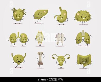 set unhealthy mascot characters sick damaged green human body internal organs anatomy concept vector illustration Stock Vector