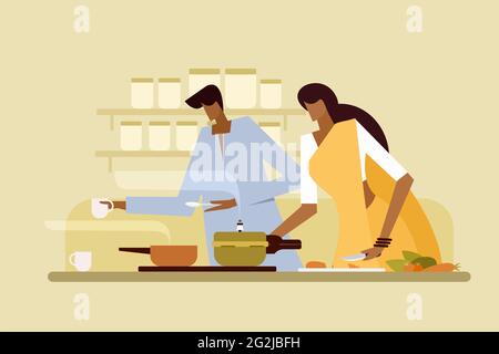 Illustration of an Indian couple cooking in their kitchen Stock Vector