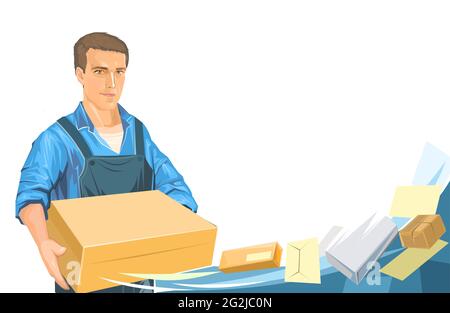 Delivery guy with a parcel. Cardboard box. A male courier in uniform delivered a package. Flat style. Postal service. Packages and envelopes. Stock Vector