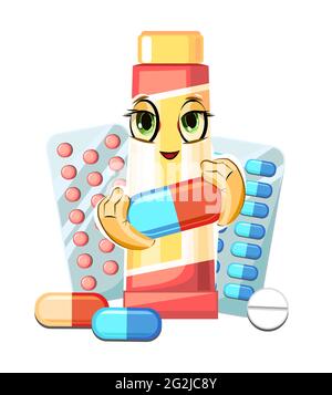 Fun medicine. Illustration for children. Ointment. The character smiles. Medicinal drugs. Pharmaceuticals. Ambulance. Pharmacy. Cartoon style. Flat Stock Vector