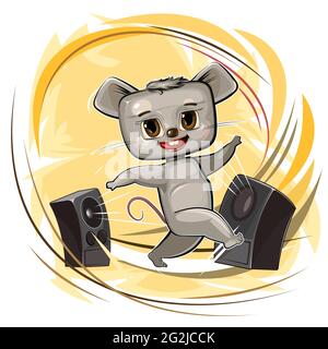 Happy cute mouse dancing. Loud music from speakers. Dance. Funny kid animal. Cartoon style. Illustration for children. Isolated on white background Stock Vector