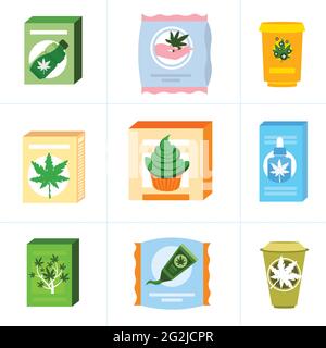 set medical cannabis or marijuana natural products composition ganja legalization hemp leaf drug consumption concept Stock Vector