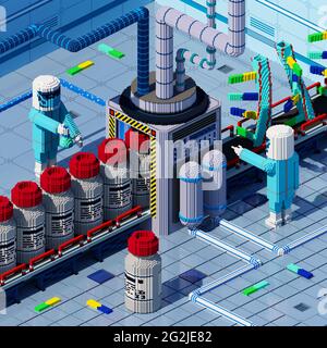 Vaccine laboratory with assembly line, laboratory workers and mRNA in satirical voxel graphic style, isometric view Stock Photo